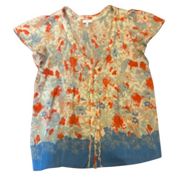 JOIE Floral Orange Blue Peony Pintuck Cap Short Sleeve Ruffle Button  LARGE - Picture 2 of 6